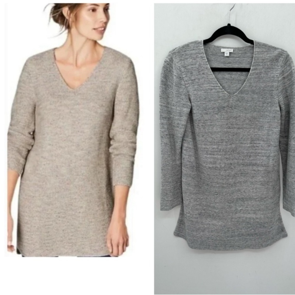 PURE JILL Linen blend V neck woman quiet luxury soft classic grey tunic.  SMALL